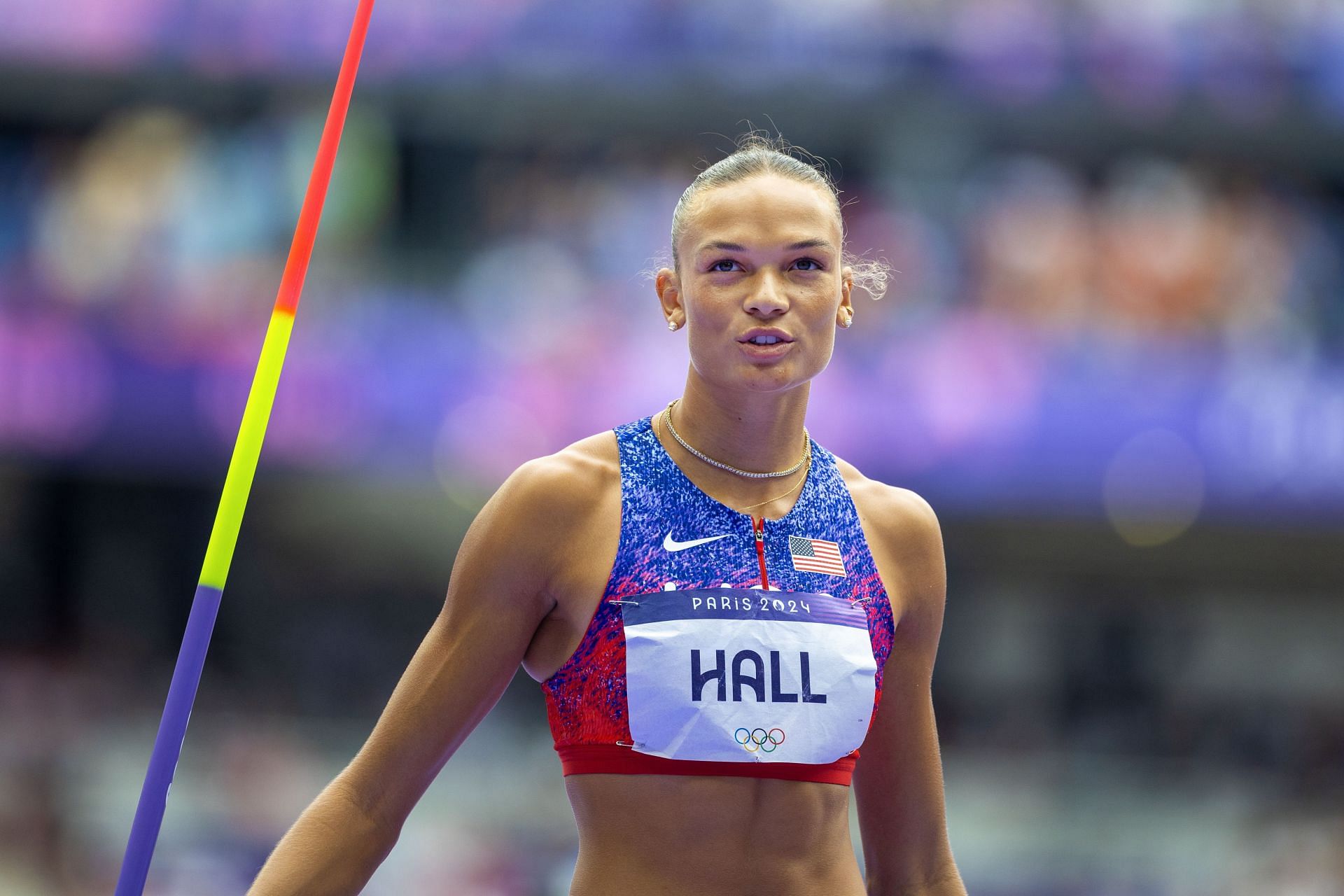 Anna Hall of the United States during the 2024 Summer Olympic Games in Paris, France. (Photo via Getty Images)